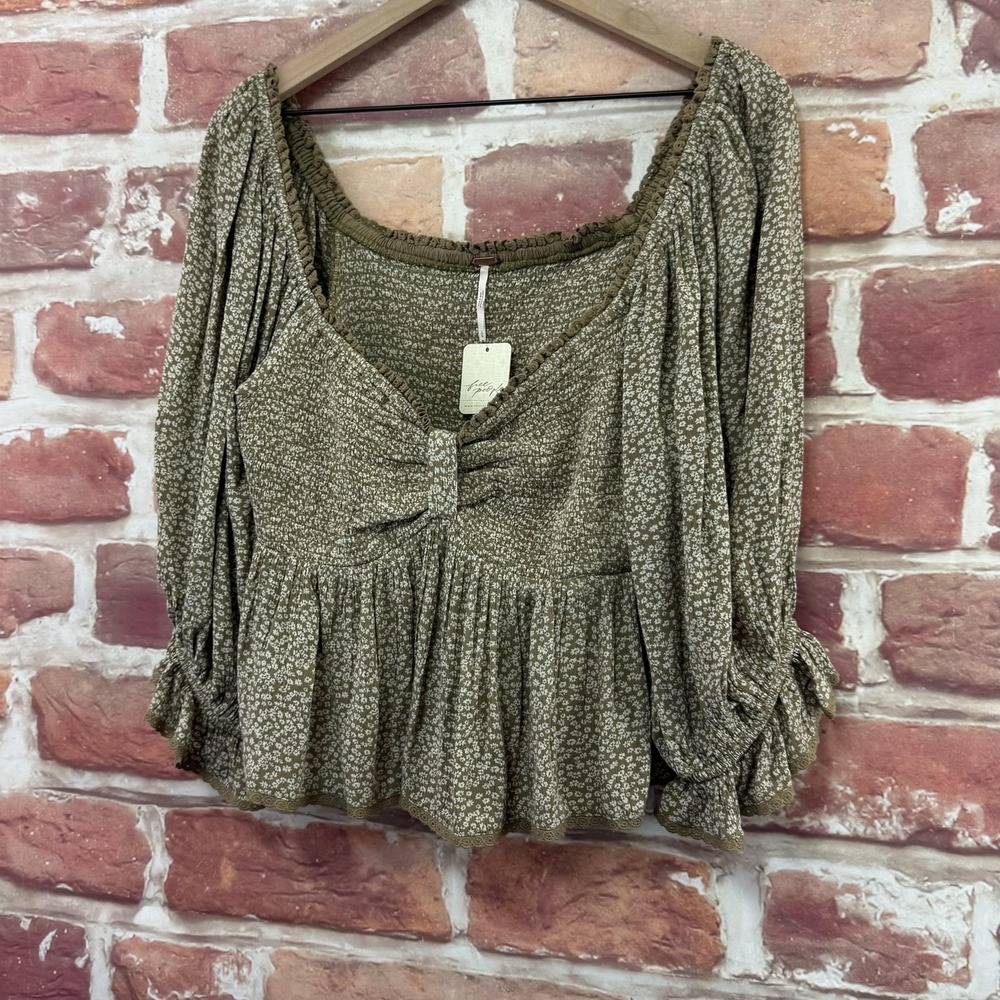 Free People Britnee Crop Top Women's Large Brown Boho Cottage Ditsy Floral Shirt - Picture 3 of 10